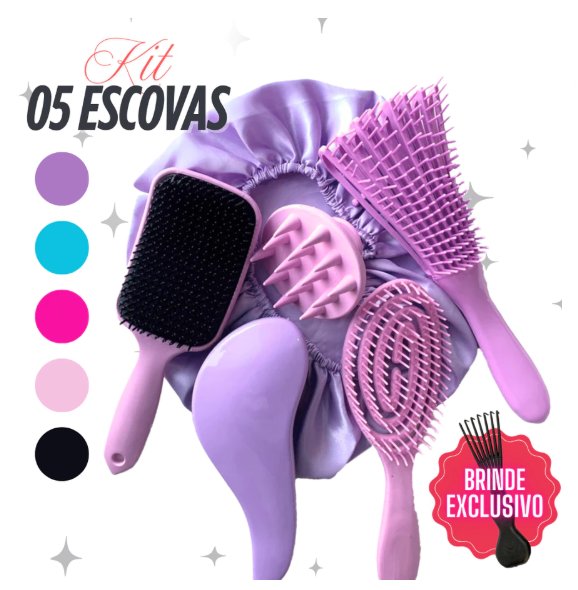 Kit 5 Escovas de Cabelo + Touca de Cetim – Raquete Fashion, Mágica, Polvo, Massageadora de Silicone