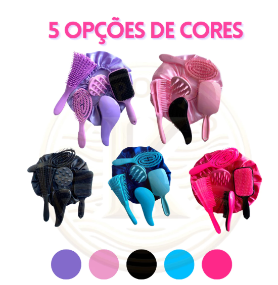 Kit 5 Escovas de Cabelo + Touca de Cetim – Raquete Fashion, Mágica, Polvo, Massageadora de Silicone