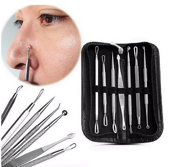 Kit 7 Curetas Remove Cravos Espinhas Aço Inoxidável com Estojo