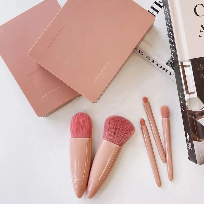 Conjunto de mini pincéis Estojo com espelho Mini Makeup Mirror With 5 Pcs Makeup Brushes