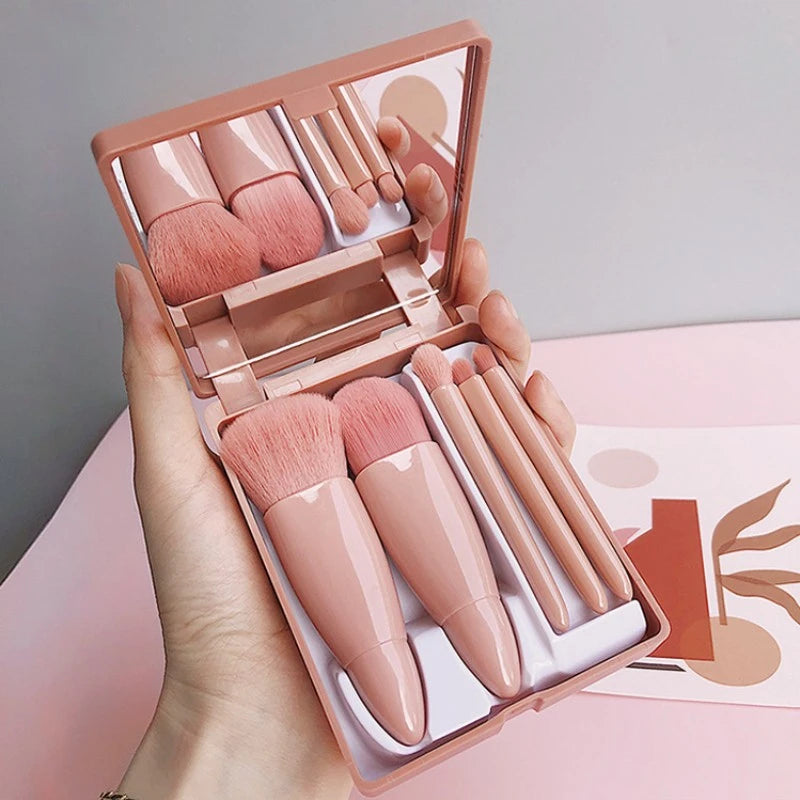 Conjunto de mini pincéis Estojo com espelho Mini Makeup Mirror With 5 Pcs Makeup Brushes