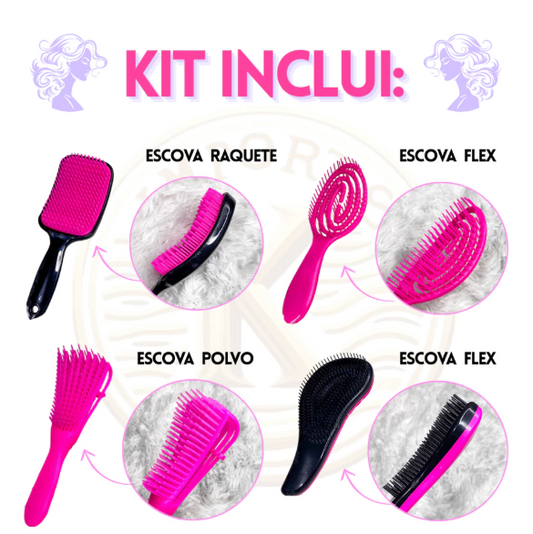 Kit 5 Escovas de Cabelo + Touca de Cetim – Raquete Fashion, Mágica, Polvo, Massageadora de Silicone