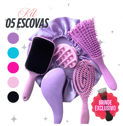 Kit 5 Escovas de Cabelo + Touca de Cetim – Raquete Fashion, Mágica, Polvo, Massageadora de Silicone