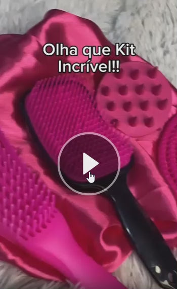Kit 5 Escovas de Cabelo + Touca de Cetim – Raquete Fashion, Mágica, Polvo, Massageadora de Silicone